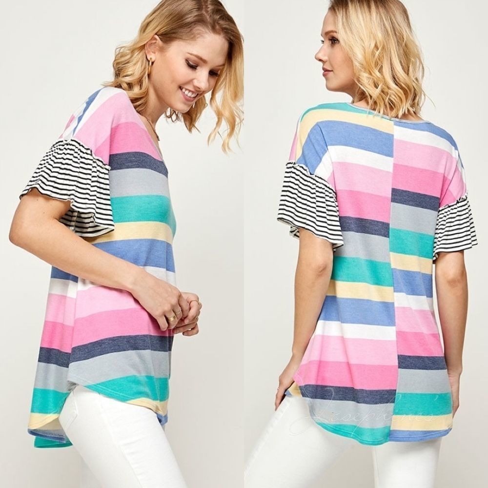 Pink Multi-Stripe Round Bottom Raffle Sleeve Top - Picture 6 of 6